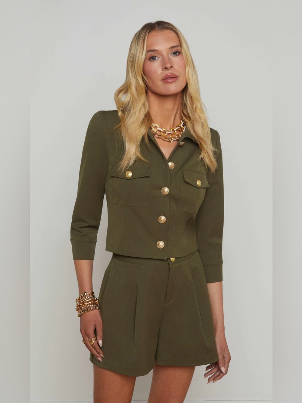 L’AGENCE Kumi Cropped Fitted Jacket Ivy Green Size 8 Gold Crest Buttons